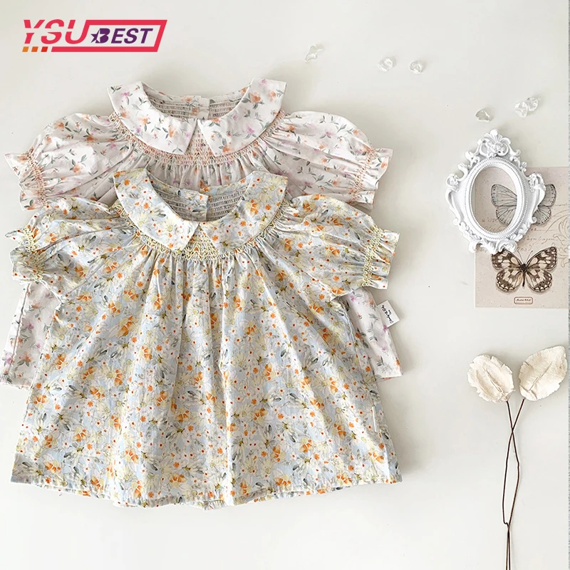 2024 Baby Girls Shirt Floral Princess Blouse Summer Handmade Short Sleeve Flowers Girls Blouse Sweet Vestidos Kids Girl Shirt