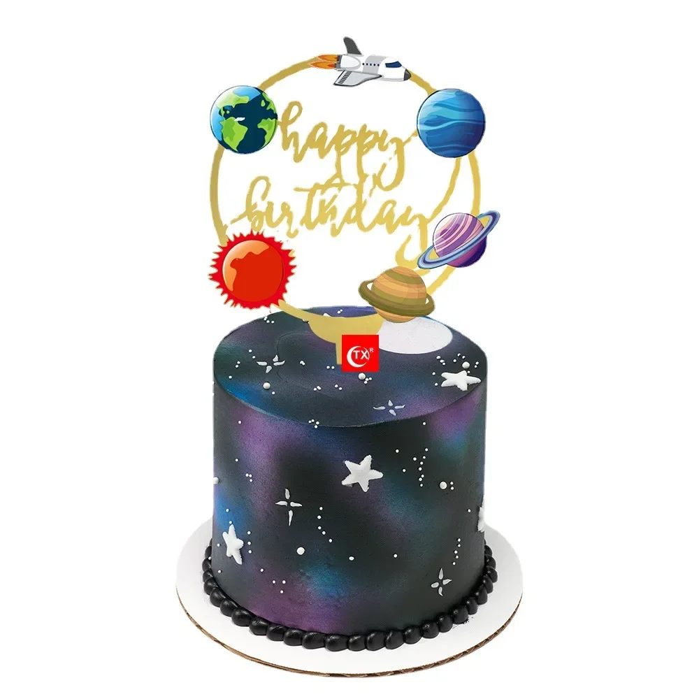 New Space Planet Happy Birthday Cake Topper Gold Silver High-grade Acrylic Kids Party Cake Topper Baby Shower Dessert Decoration