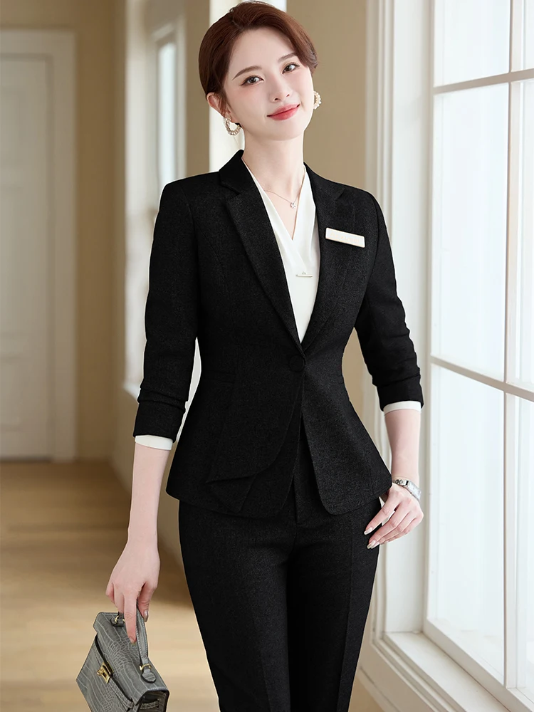 Completo da donna con pantalone da ufficio grigio nero da donna, set da 2 pezzi, giacca e pantaloni formali