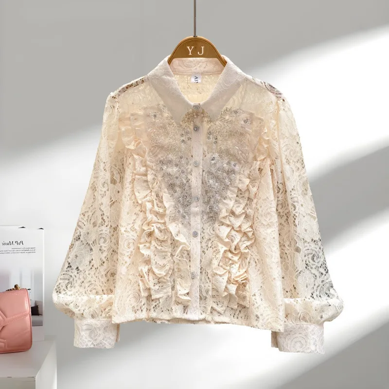 

Легкая роскошная светская рубашка во французском стиле с тяжелой вышивкой из бисера и пайеток для женщин, модная универсальная полая рубашка