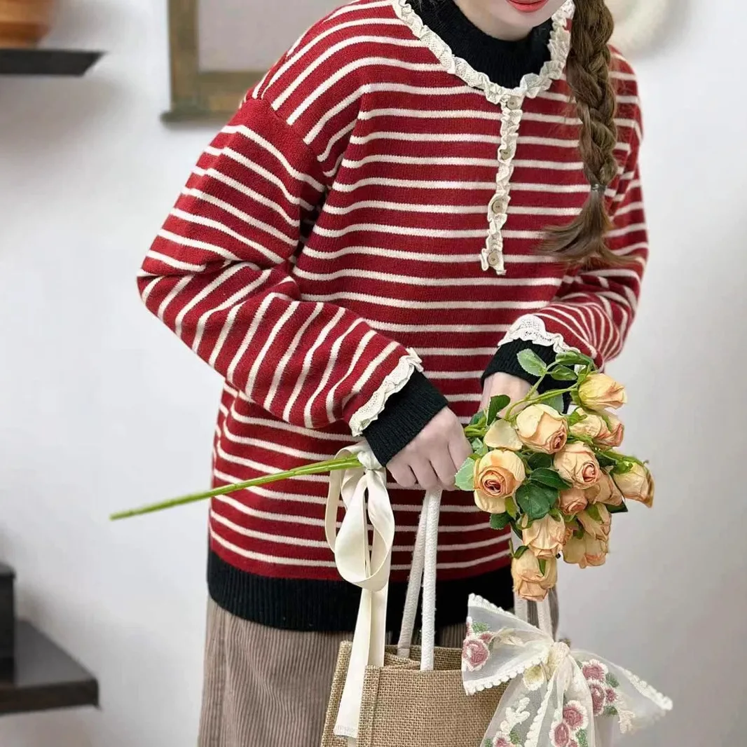 Japanese Sweet Mori Girl Striped Patchwork Knitted Pullover Sweaters Women Autumn Stand Collar Long Sleeve Casual Knitwear Tops