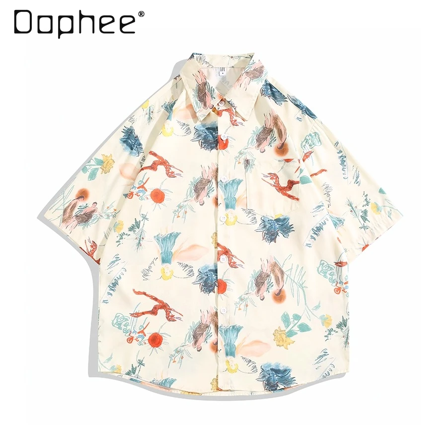 

2025 Summer New Japanese Style Graffiti Colorful Print Short Sleeve Shirt Beach Vacation Style Men's Casual Shirt