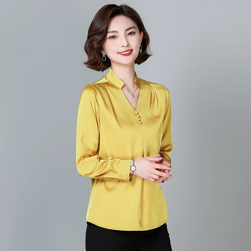 Satin Women Blouse Tops for Women Fashion Elegant OL Vintage Shirts for Women Spring Woman Clothing V-neck Long Sleeve Blouses