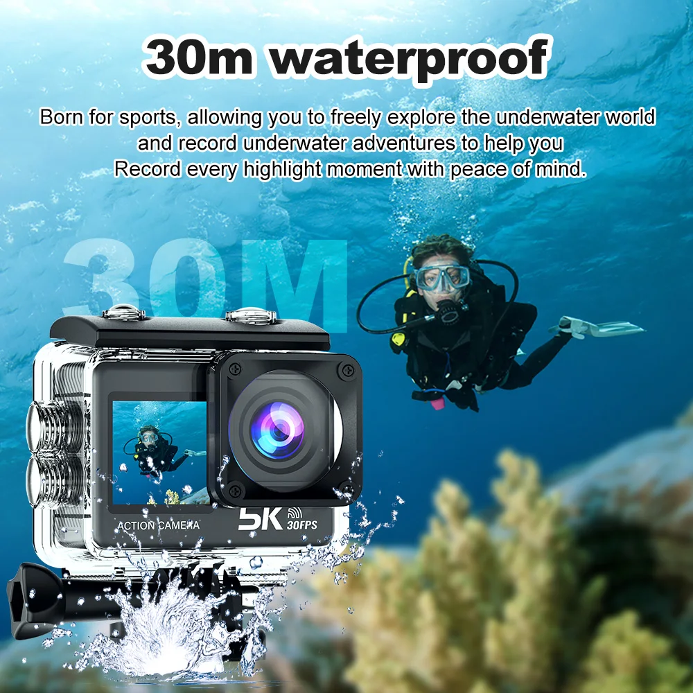 5K 30FPS Action Camera 4K 60FPS 2.0 Inch Touch Screen WiFi Wide Angle 30M Waterproof Helmet Video Recording Sports Webcam