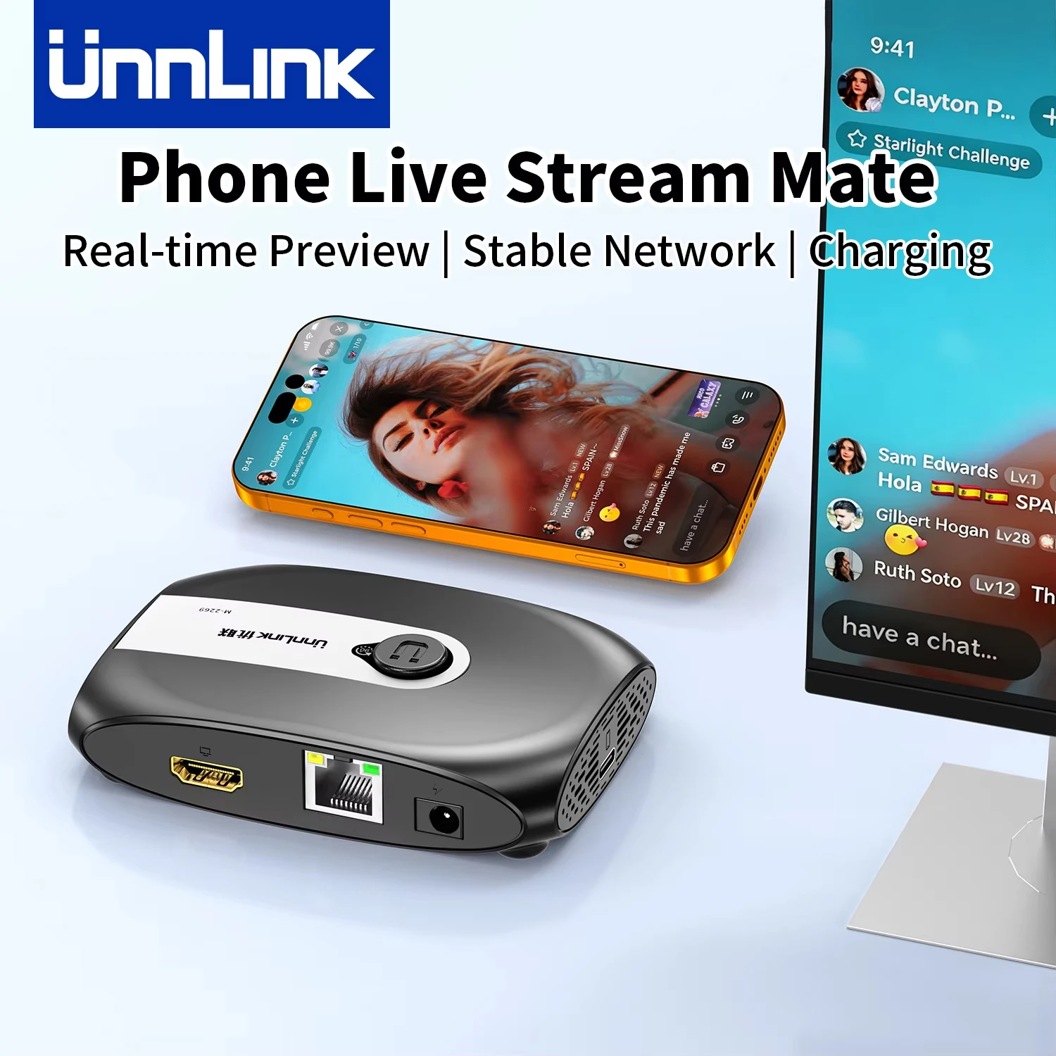 Unnlink Phone to HDMI Adapter for Live Streaming Screen Mirroring with RJ45 Ethernet PD Charging for iPhone 15/16/17/18
