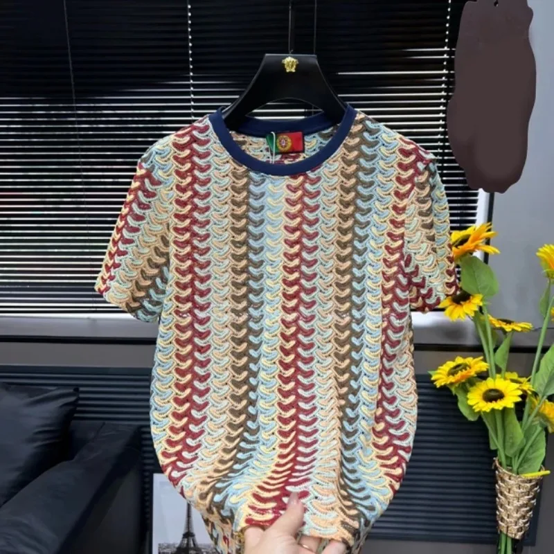 

British Style Striped Knitted T-shirt for Men Hollow Woven Short Sleeved Round Neck T-shirts Breathable Casual Social Tee Top