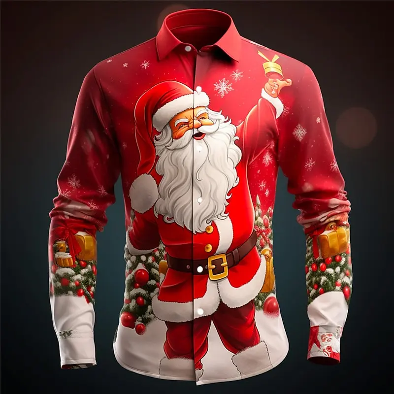 2025 Christmas Santa Claus&Snowman Print Shirts For Men Festival Casual Men\'s Shirt Autumn Long Sleeve Top Oversize Men Clothing