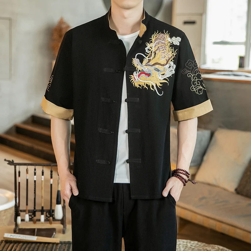 

Men's Golden Dragon Xiangyun Embroidered Short Sleeve Shirt Men's Contrast Color Retro Stand Collar Single Breasted Casual Top