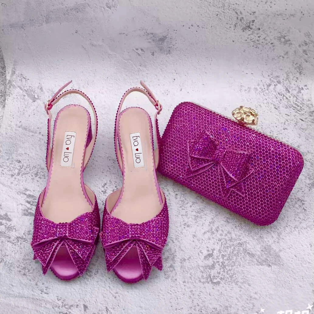 BS1633  Custom Made Women Shoes Dress Pumps  Bridal Wedding Shoes Low Heel  Red Purple Onion Crystal Shoes With Matching Bag