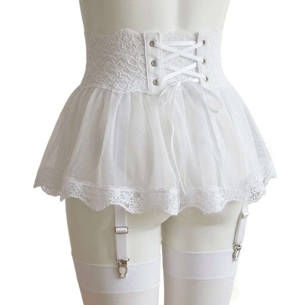 High Waisted Mesh Garter Skirt Sheer Ruffled Suspender Belt with Lace-up Back and Adjustable Strap for Honeymoon Romantic Night