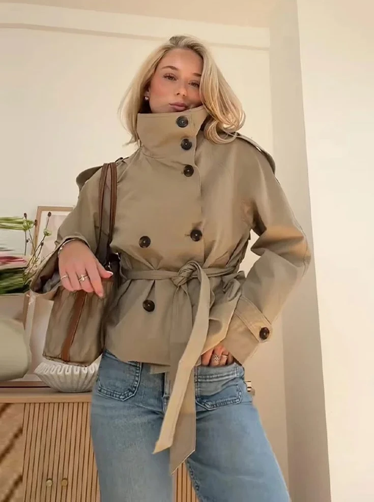Trench corto da donna con cintura in vita |   Giacca vintage con colletto rialzato doppio petto |   Cappotti capispalla casual chic da donna