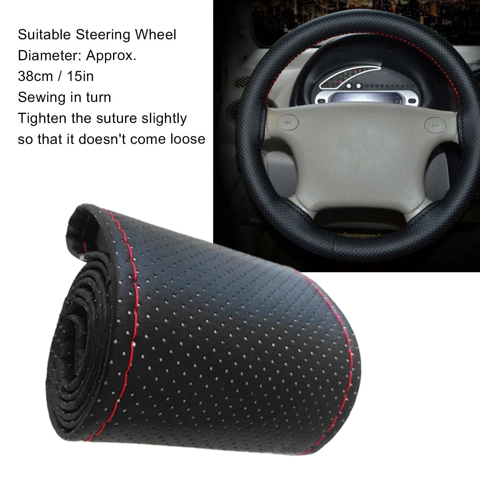 Steering Wheel Cover Set Wearproof Hand Sewing Perforated Universal Car Steering Wheel Cover for 15inch Diameter