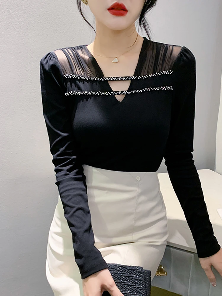 

Winsleter Elegant Basic Tshirt Long Sleeve Tees Women Sexy V Necks Shiny Beaded Slim Cotton Tops New Autumn Winter T38050JC