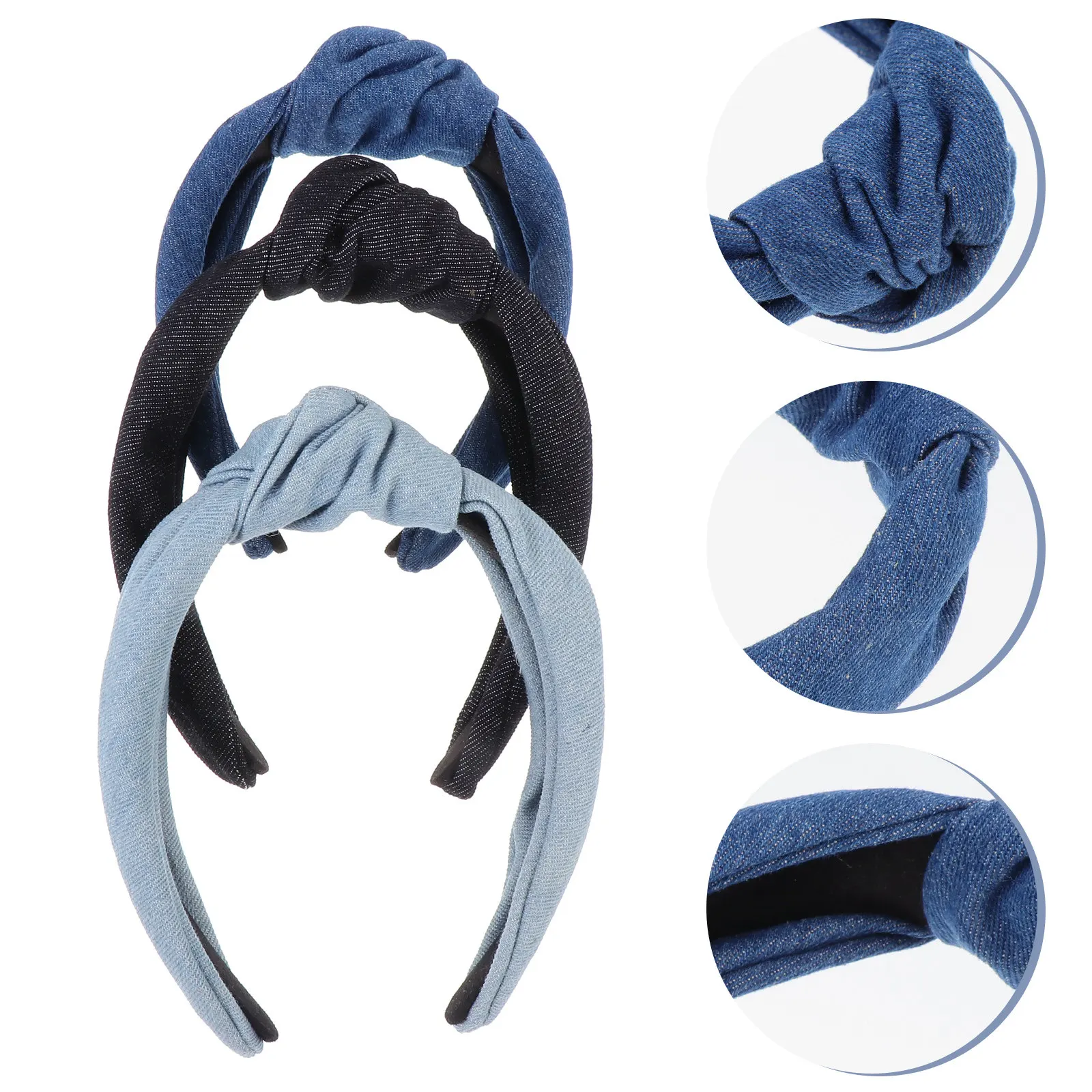 3Pcs Denim Cloth Hairband Wide Sided Female Headwear Vintage Hairstyle Bands Daily Party Hair Decor Lightweight Comfortable