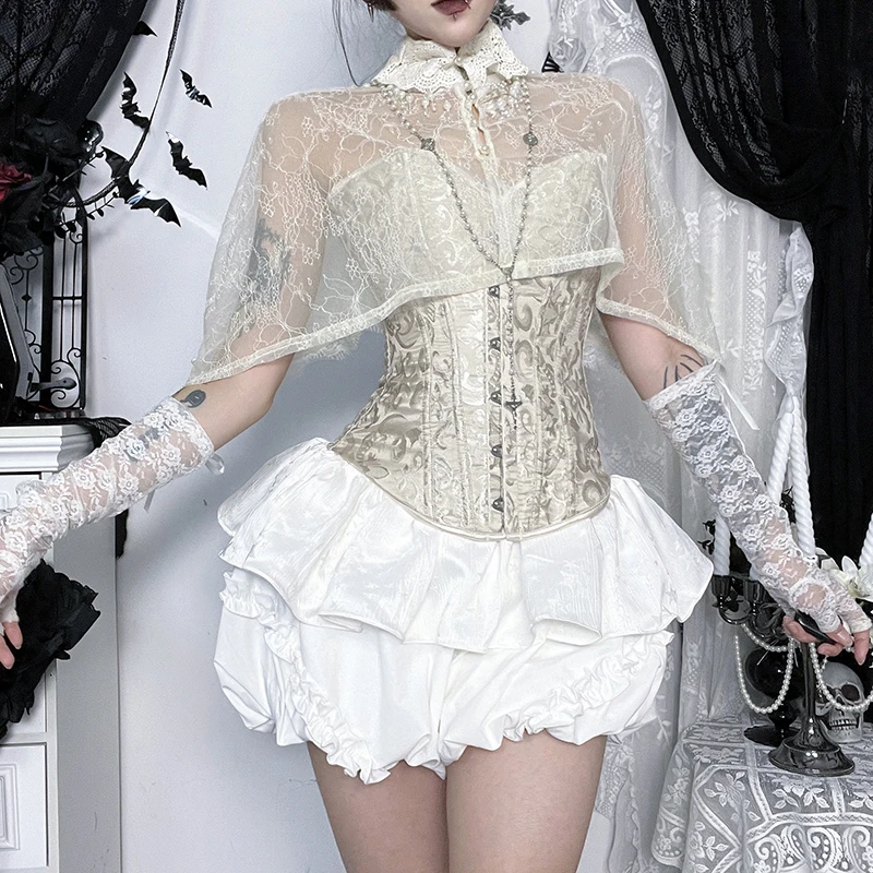 Lilac XN Goth Sexy White Lace See Through Smock Cloak Sweet Aesthetic New Fashion High Collar Women Short Tops Partywear