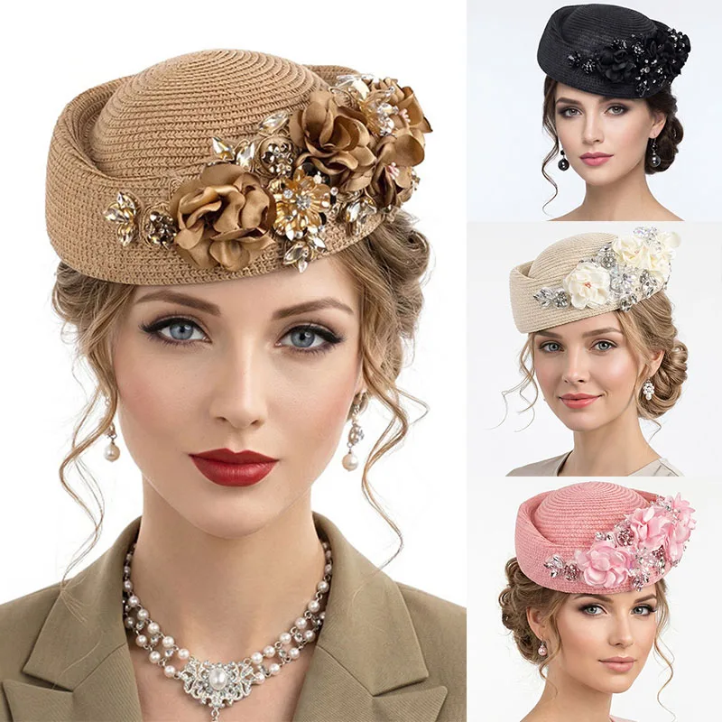 

Vintage Elegant Beret Hat Women Church Derby Fascinator With Flower Ladies Soft Beret Straw Caps Party Airline Stewardess Hats