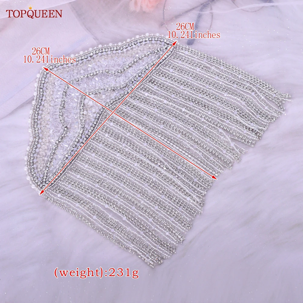 TOPQUEEN SP65 Sew 3D Tassels Rhinestones Beaded Patch Epaulettes Clothes Dress Gown Accessories with Chain Shoulder Knot Luxury