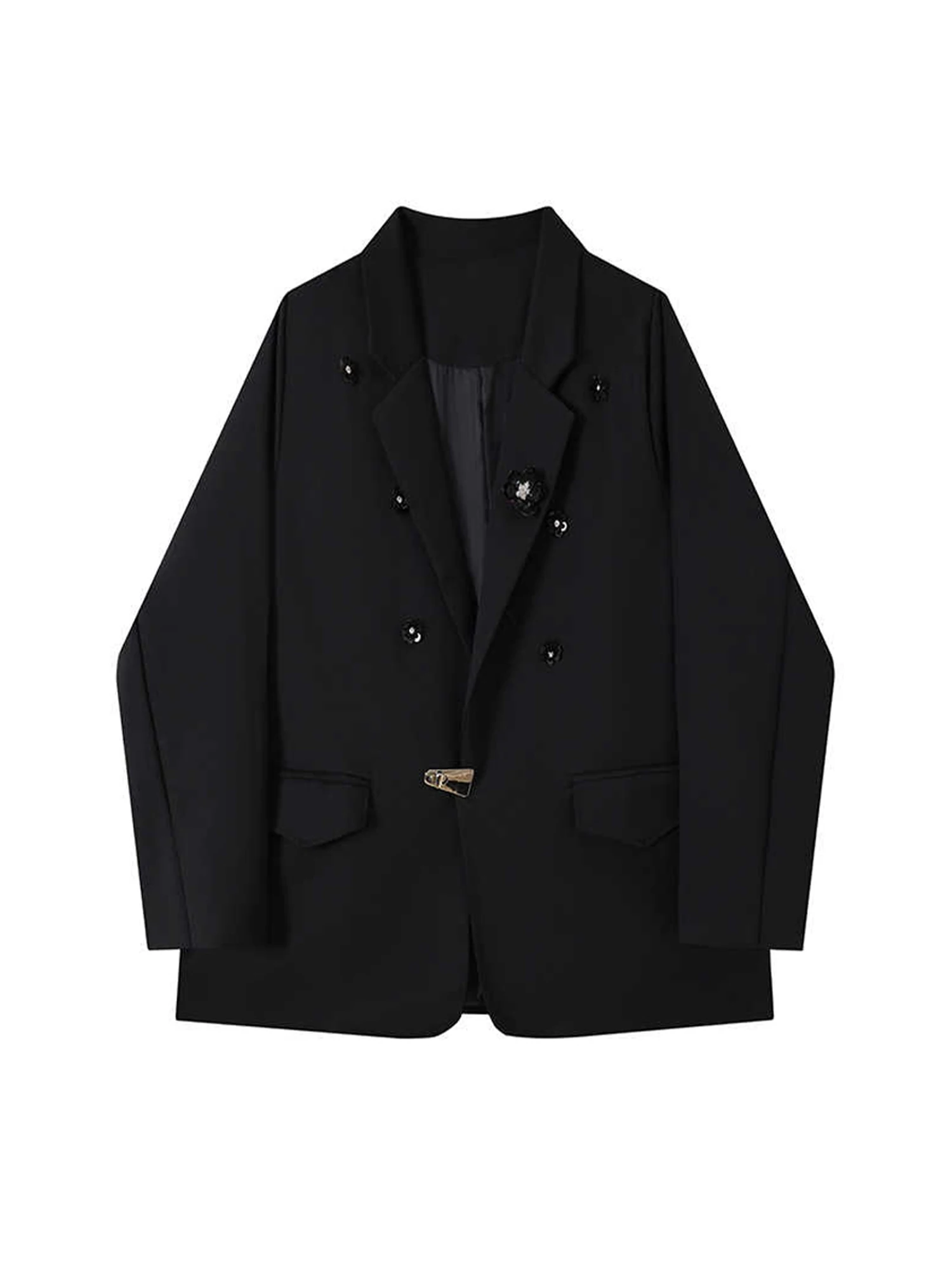 Chaqueta Blazer gótica negra con flores en 3D para mujer, traje elegante Vintage de los años 2000, abrigo Harajuku de manga larga, prendas de vestir exteriores de gran tamaño, otoño 2025
