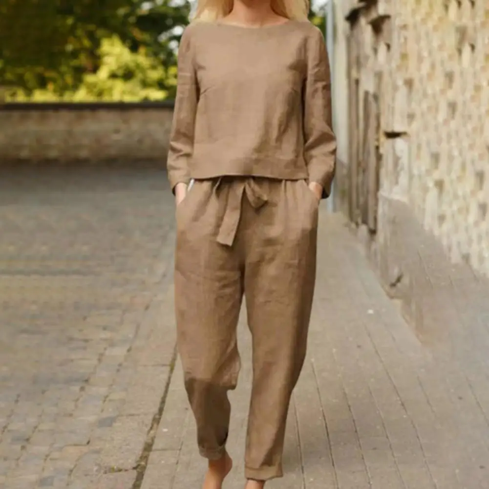 Women Shirt Breathable Elastic Waist Women Two-piece Suit Solid Color O Neck Top Long Pants for Sweat Absorption Two Piece Sets