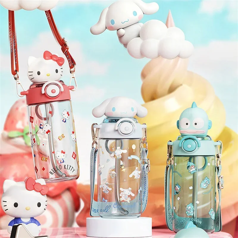 X&W Kawaii Sanrio Dolls Straw Cup 650ml Cartoon Hello Kitty Kuromi Plastic Water Bottle Outdoor Sports Cold drink cup Kids Gift