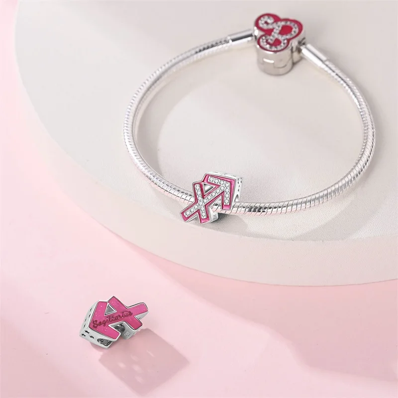 Hot Sale 100% 925 Sterling Silver 12 Pink Constellation Charms Beads Fit Pandach 925 Original Bracelet Fine DIY Birthday Jewelry