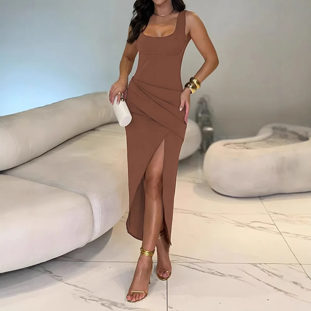 المرأة بو الجلود مثير ساحة الرقبة أكمام عارية الذراعين الشق منتصف العجل فستان Bodycon بلون فستان طويل