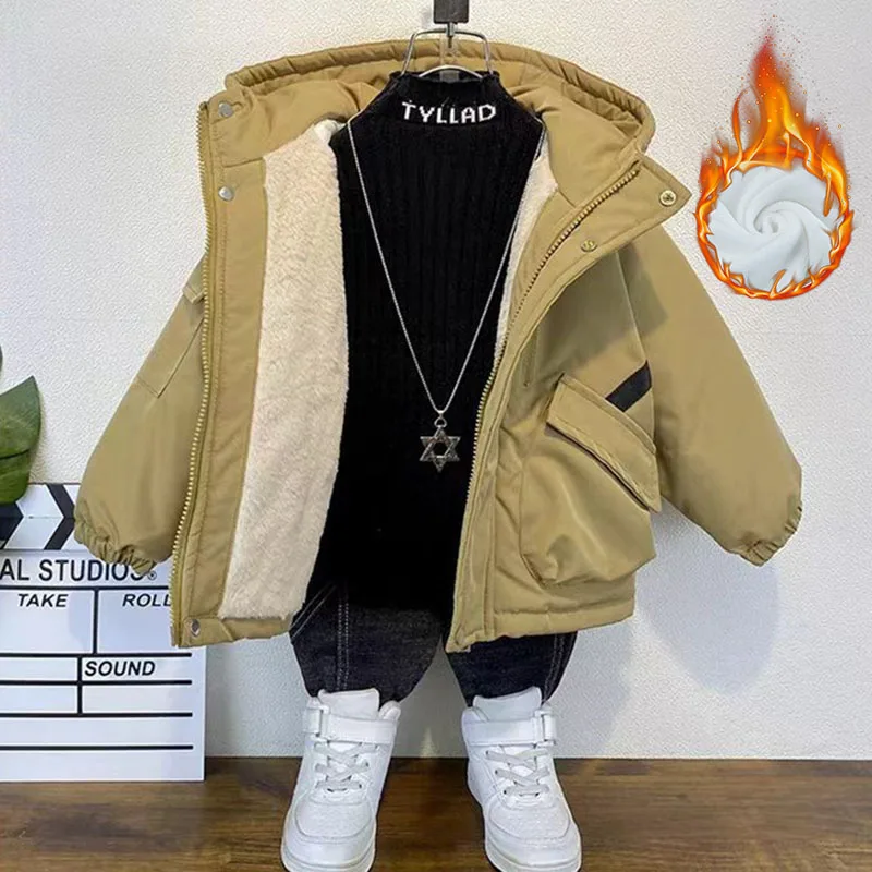 

Boys Padded Coat Winter Parkas Thickened Children's Warm Hooded Jacket Autumn Casual Solid Cotton Clothes Kids Fashion Trench