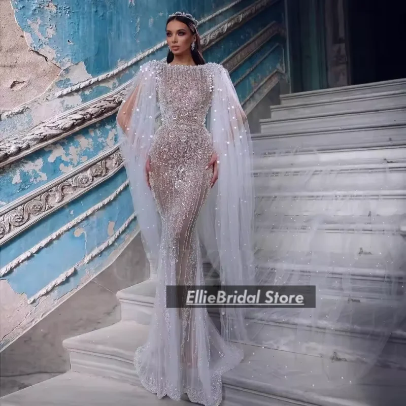 

Вечерние платья с накидкой, роскошные жемчужные бисерные платья для особых случаев, арабское свадебное платье, платья русалки для выпускного вечера по индивидуальному заказу