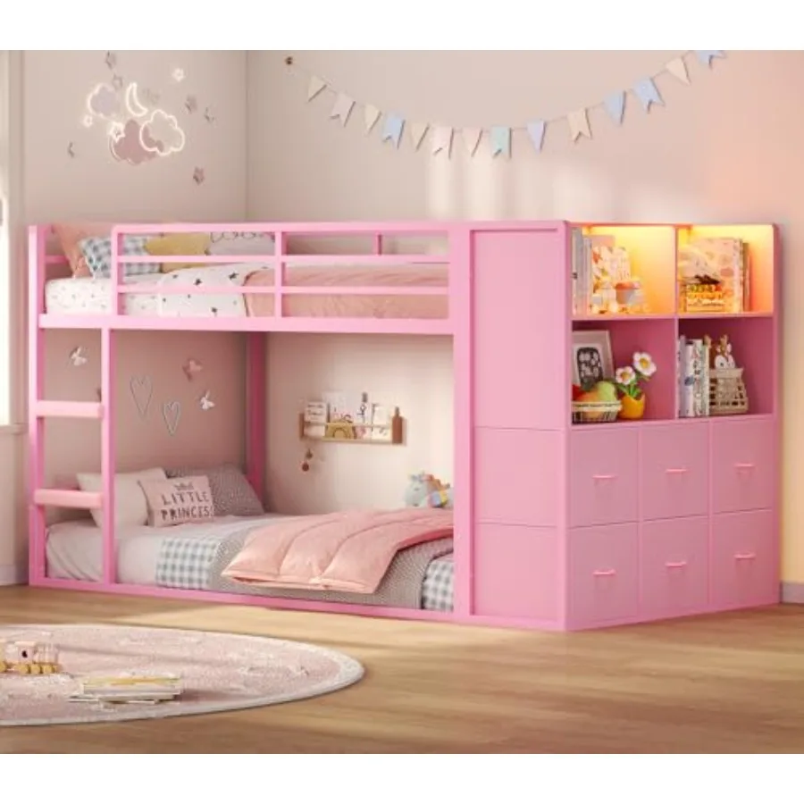 Low Low Twin Over Twin Bunk Bed with 6 Storage Drawers, Built-in LED Lights, Modern White Finish for Bedroom Use - Aliexpress Deal