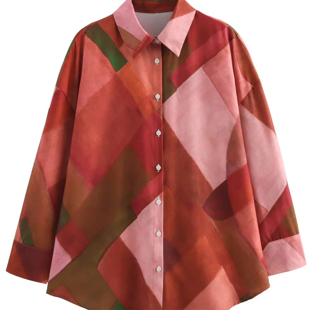 PB&ZA Womens Collared Button Up Blouse with Geometric Patchwork Pattern and Loose Fit for a Trendy and Comfortable Look