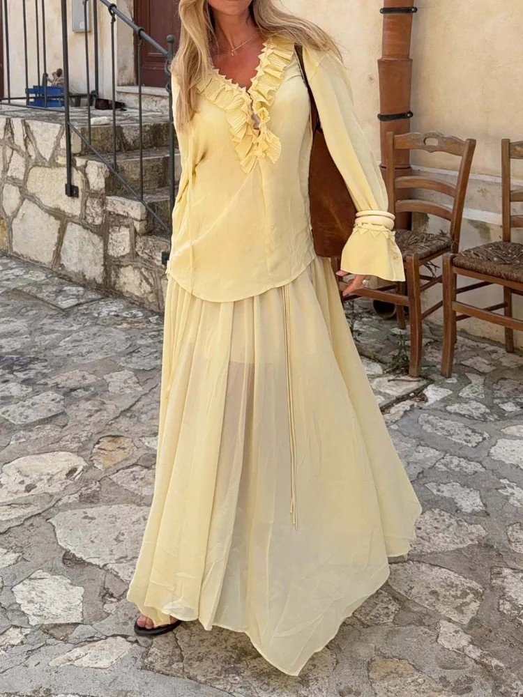 Butter Yellow Ruffled Long Skirt Suit Summer Women's Fashion Loose Lace-up V-neck Shirts Sets 2025 Lady Holiday Street Outfits