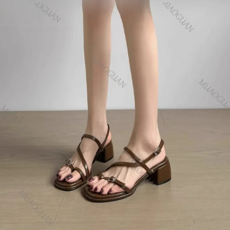 Sandals Designer New 2026 Dress Women Metal Decoration Ladies Narrow Band Buckle Thick Heels Female Shoes Outside Party Clip Toe