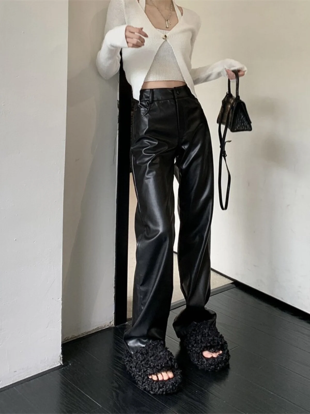 High Waist Wide Leg Bla PU Leather Straight Leg Pants for plus Size Women Casual Trousers Long Pants Pear aped Body