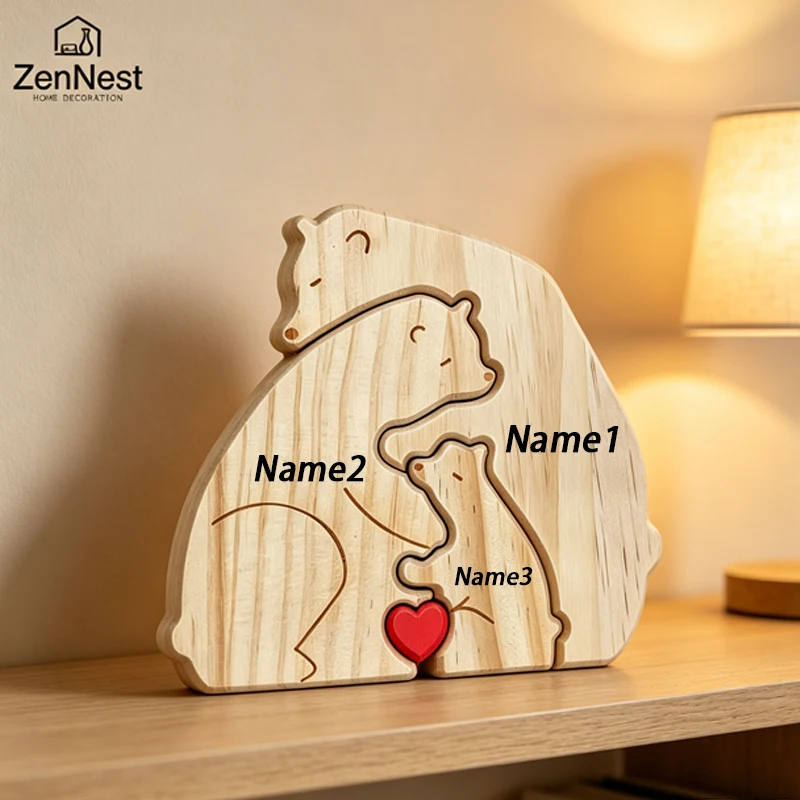 Wooden Puzzle Personalized Customized Bear Family Warm Birthday Gift Solid Wood Ornament Laser Engraving Home Decoration