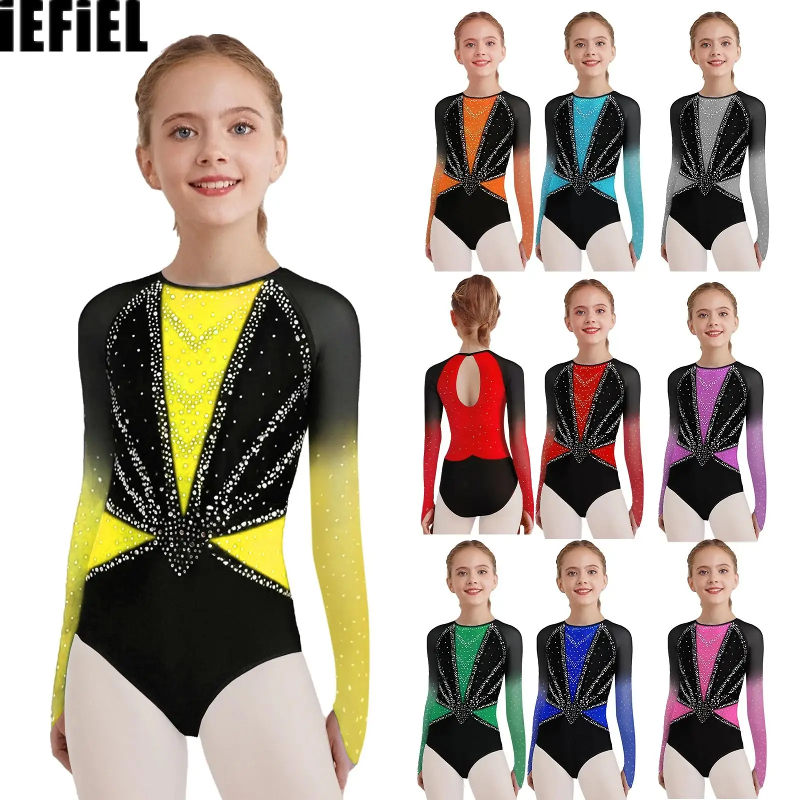 

Kids Girls Color Block Ballet Leotard Round Neck Sheer Mesh Long Sleeves Keyhole Back Shiny Rhinestones Leotard for Gymnastics