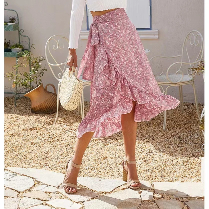 Summer Casual High Waist Slit Irregular Skirt Fashion Printed Lace-up Women's Skirts Floral Loose Vacation Beach Chiffon Skirt