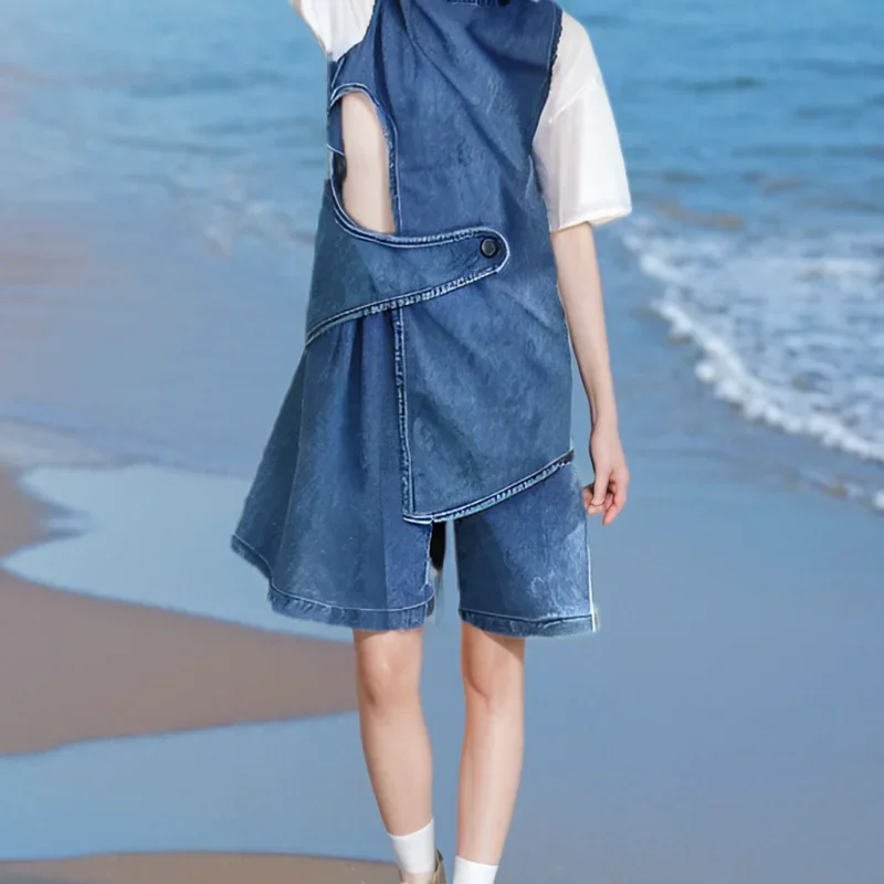 Irregular denim vest female summer 2024 new design fashion Joker short coat high waist wide-leg pants denim three-piece suit.