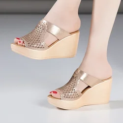 8cm Small Size 32-43 Elegant Cutout Platform Wedges Slippers 2025 Summer High Heels Slides Women Shoes for Office Beach Daily