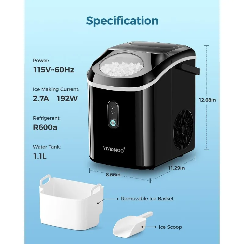 Portable Ice Maker, Self Cleaning, 33lbs/24h, Lower Noise, Small Sonic Ice Maker for Home, Kitchen, Office, Black