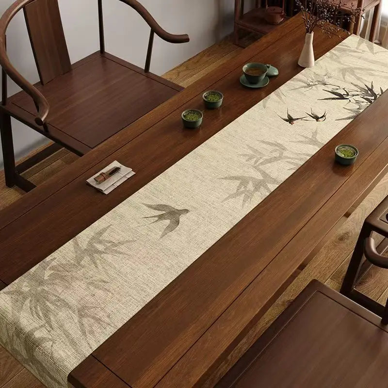 Chinese Jiangshan Picture Table Runner Tea Table, New Chinese Zen Tea Table Cushion Cloth Imitation Hemp Water Absorption Tea Ta