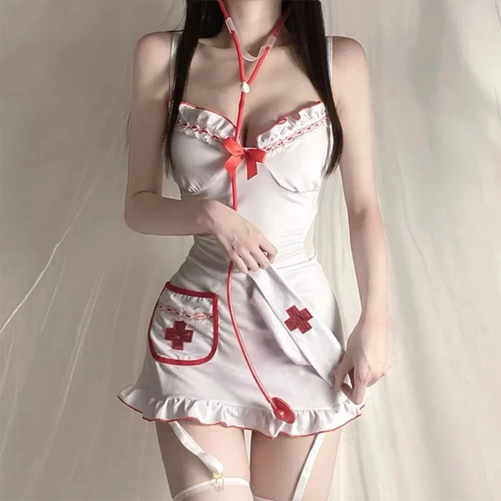 Cosplay Sexy Nightdress Flirt Nurse Erotic Costume Bowknot V Neck Back Hollow Lingerie Set Uniform Temptation Horny Suit Women