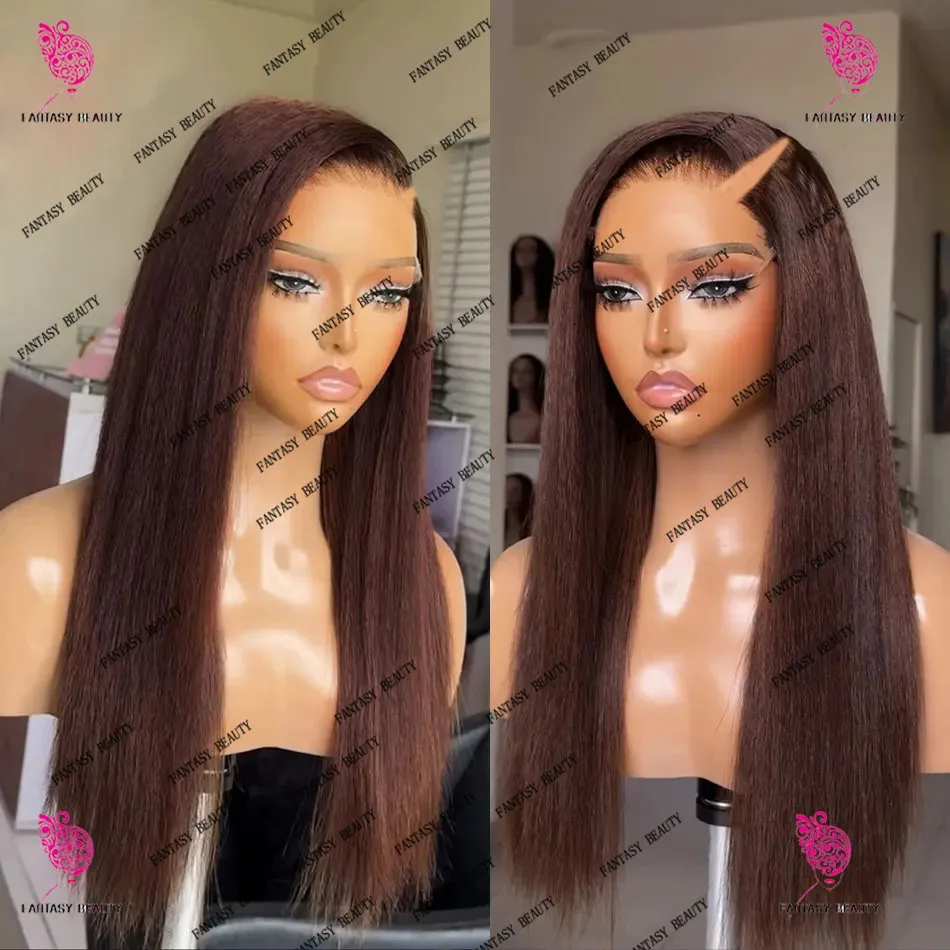 

Yaki Straight Chocolate Brown Black 100% Human Hair V Part Wigs Unprocessed Full 250Density Kinky Straight U Shaped For Women