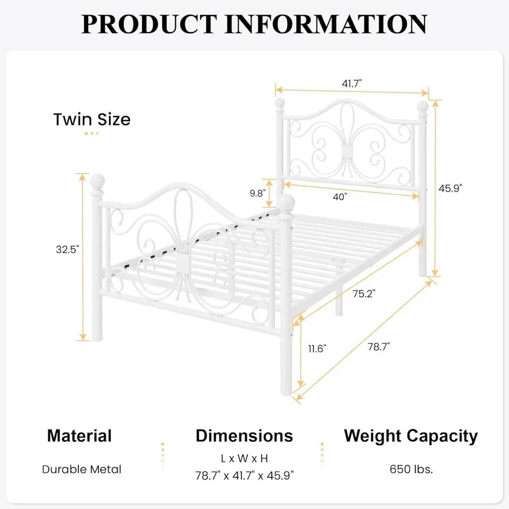 Cadre de lit double pour enfants, cadre de lit en métal avec motif papillon, planche de sauna et pied de lit, pas besoin de ressort de boîte