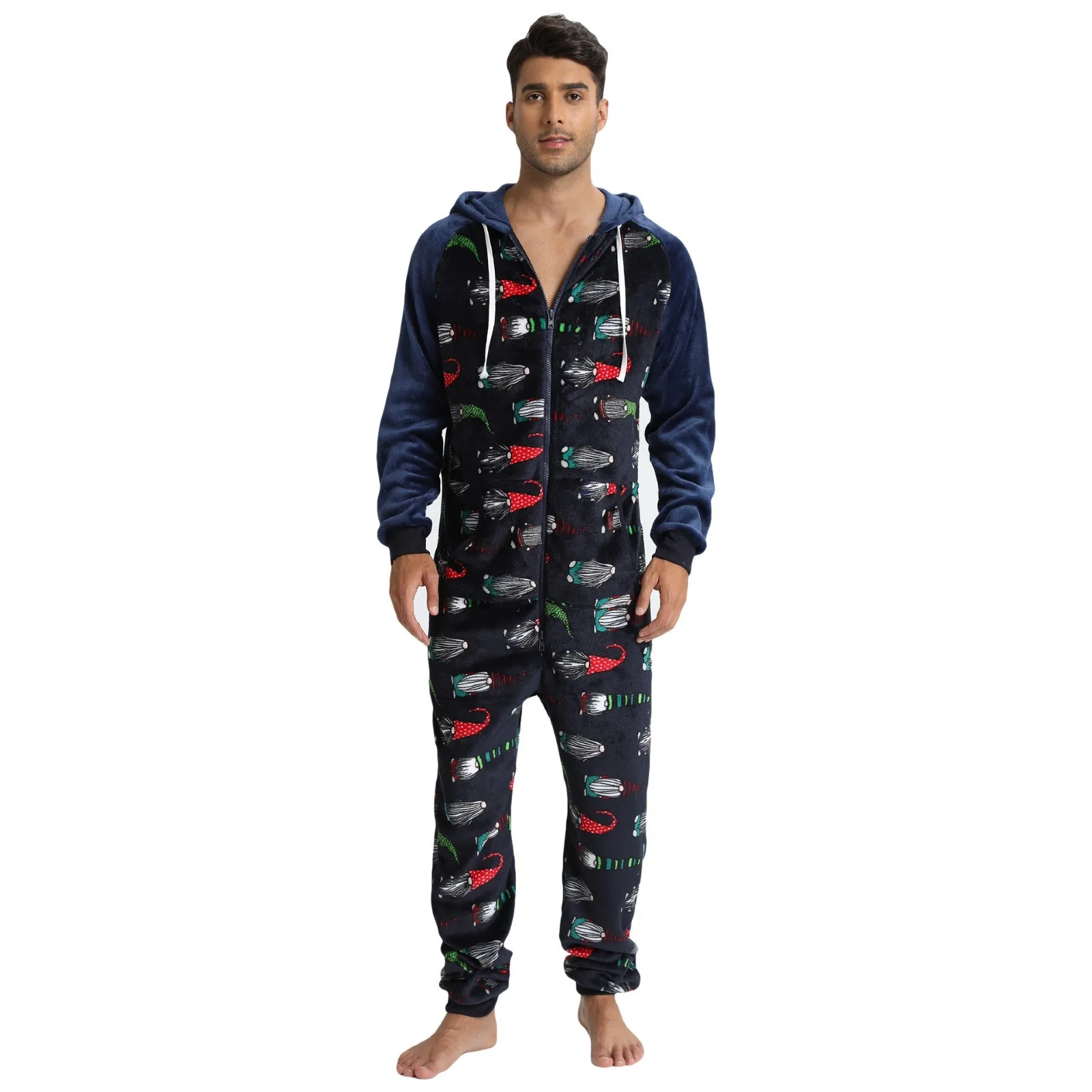 Male Autumn And Winter Leisure Travel print Loose Long Sleeved Warm Pajamas Home Clothes With Pockets Warm Jumpsuits sleepwear