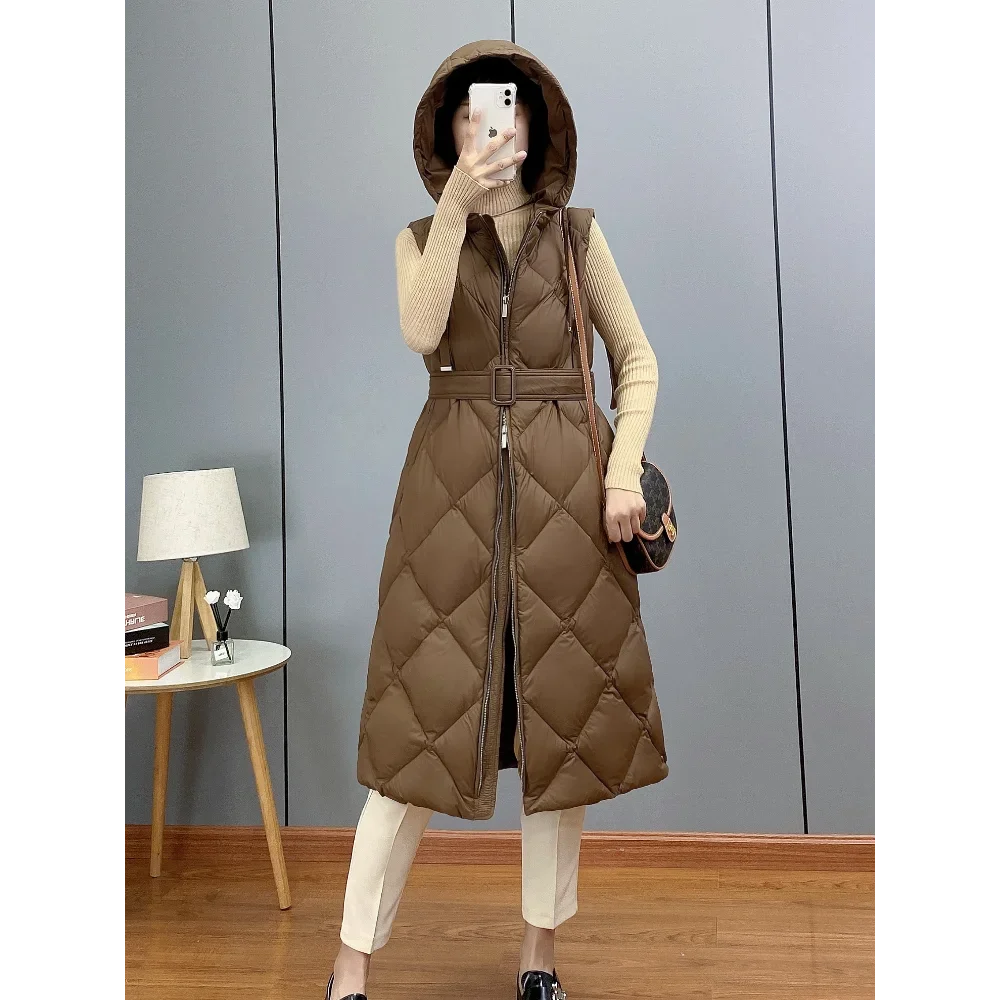 2024 Winter Women\'s New Down Vests White Duck Down Diamond Plaid Hooded Mid-Length Slim Sleeveless Jacket  Belted Long Vest