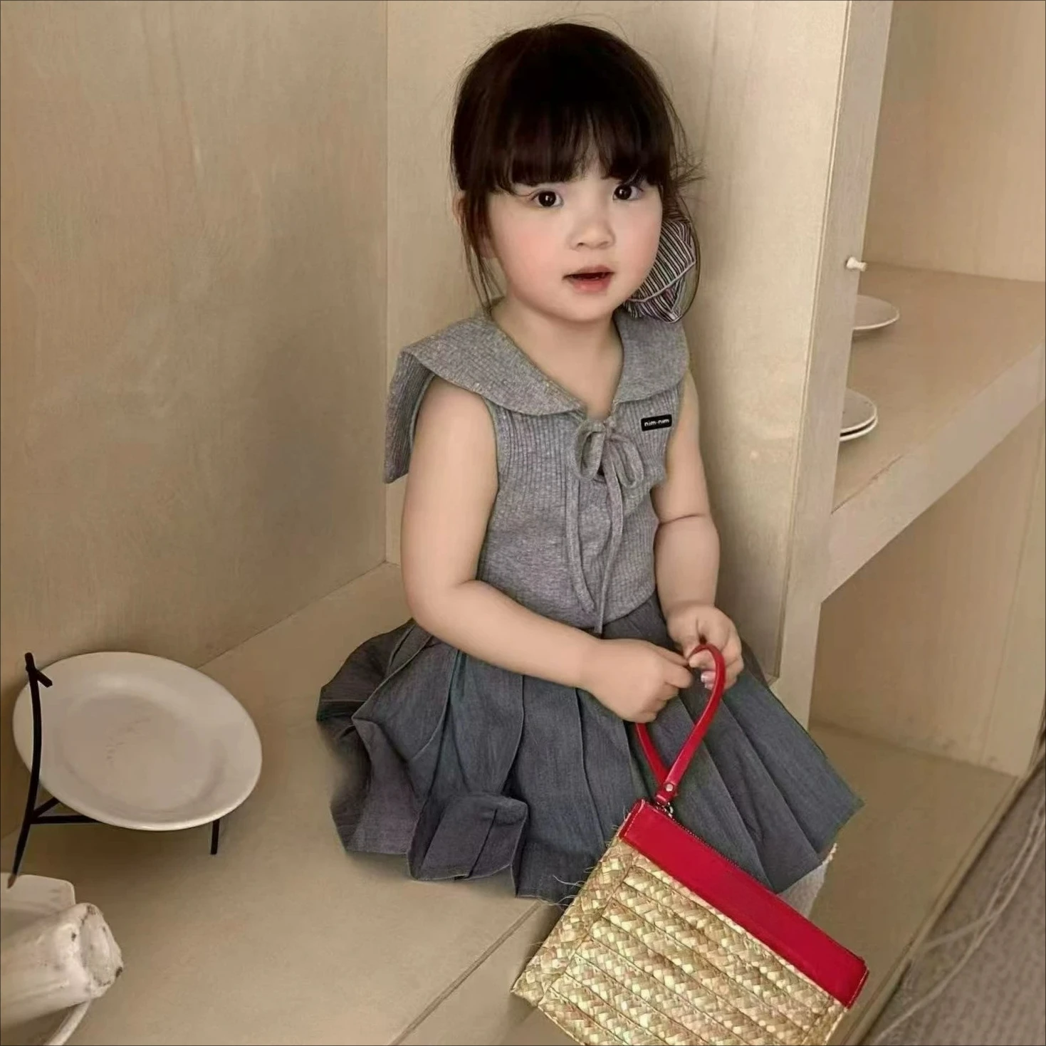 2026 Summer New Style Girls' Clothing Sets Navy Collar Lace Up Top Vest+ Pleated Half Skirt Children's Outfit Sets