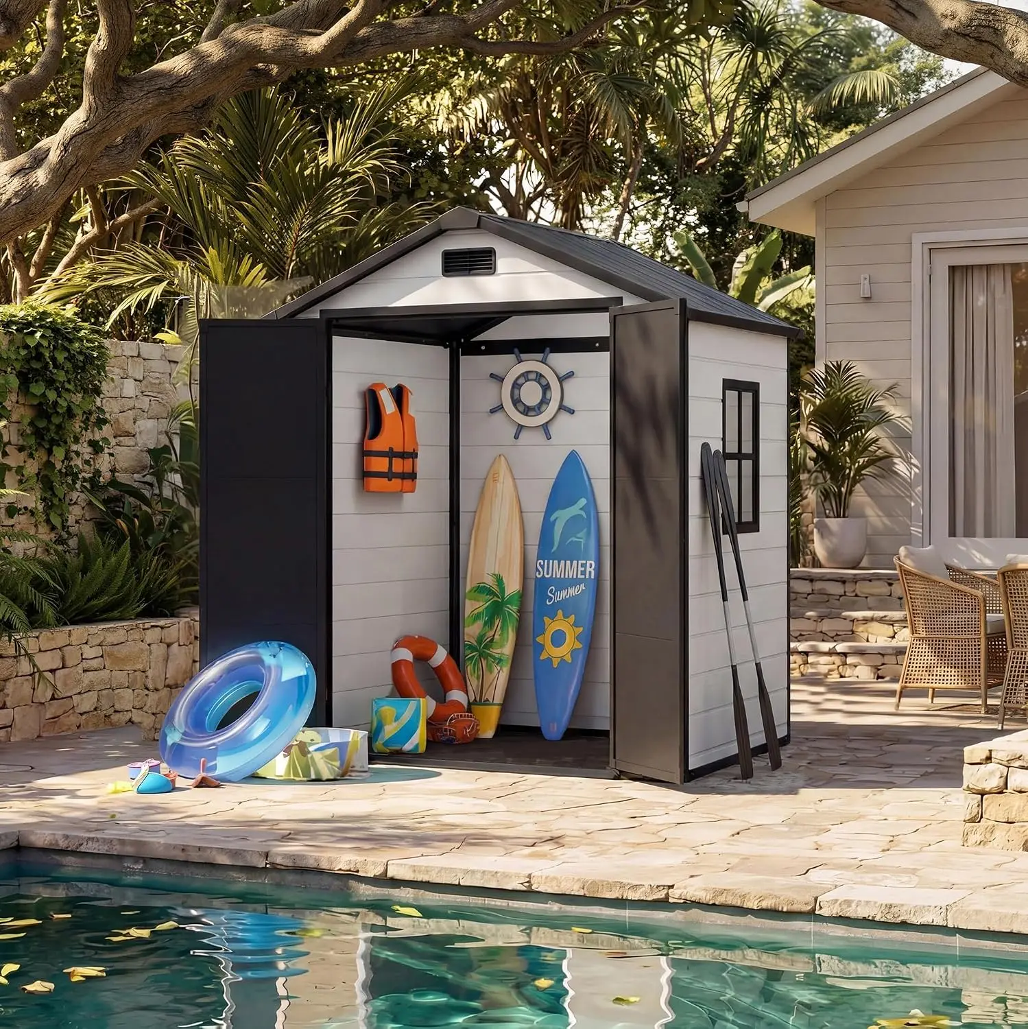 6x4Ft Plastic Outdoor Storage Shed with Floor & Window, White+Black, Customized