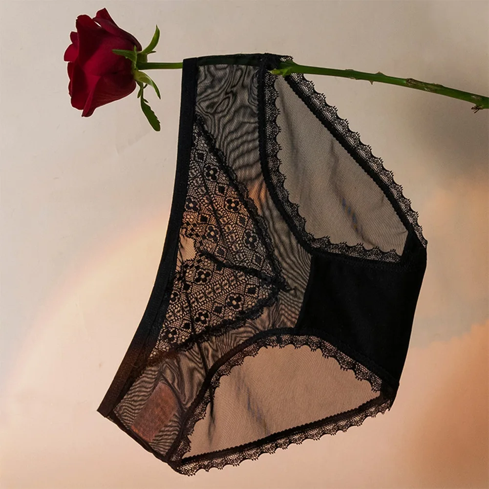 Sexy Women Sheer Mesh Transparent Briefs Lace Side Panties Breathable Comfortable Underpants Seduction Lingerie Bow Tie Knickers