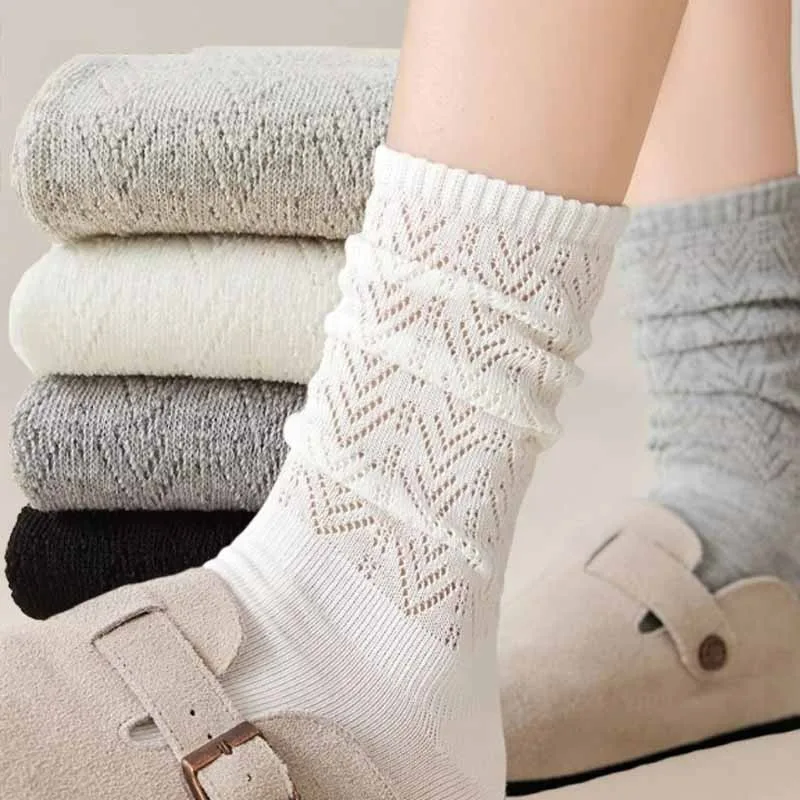 

Breathable Soft Socks Women Mid Calf Crew Socks Spring Autumn Mesh Cotton Casual Sweat Absorbent Sports Knit Hollow Stockings