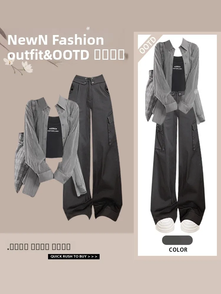 

Spring Summer Women's Sun Protection Shirt Casual American Letter Top Inner Vest Slimming Workwear Pants Three Piece Set